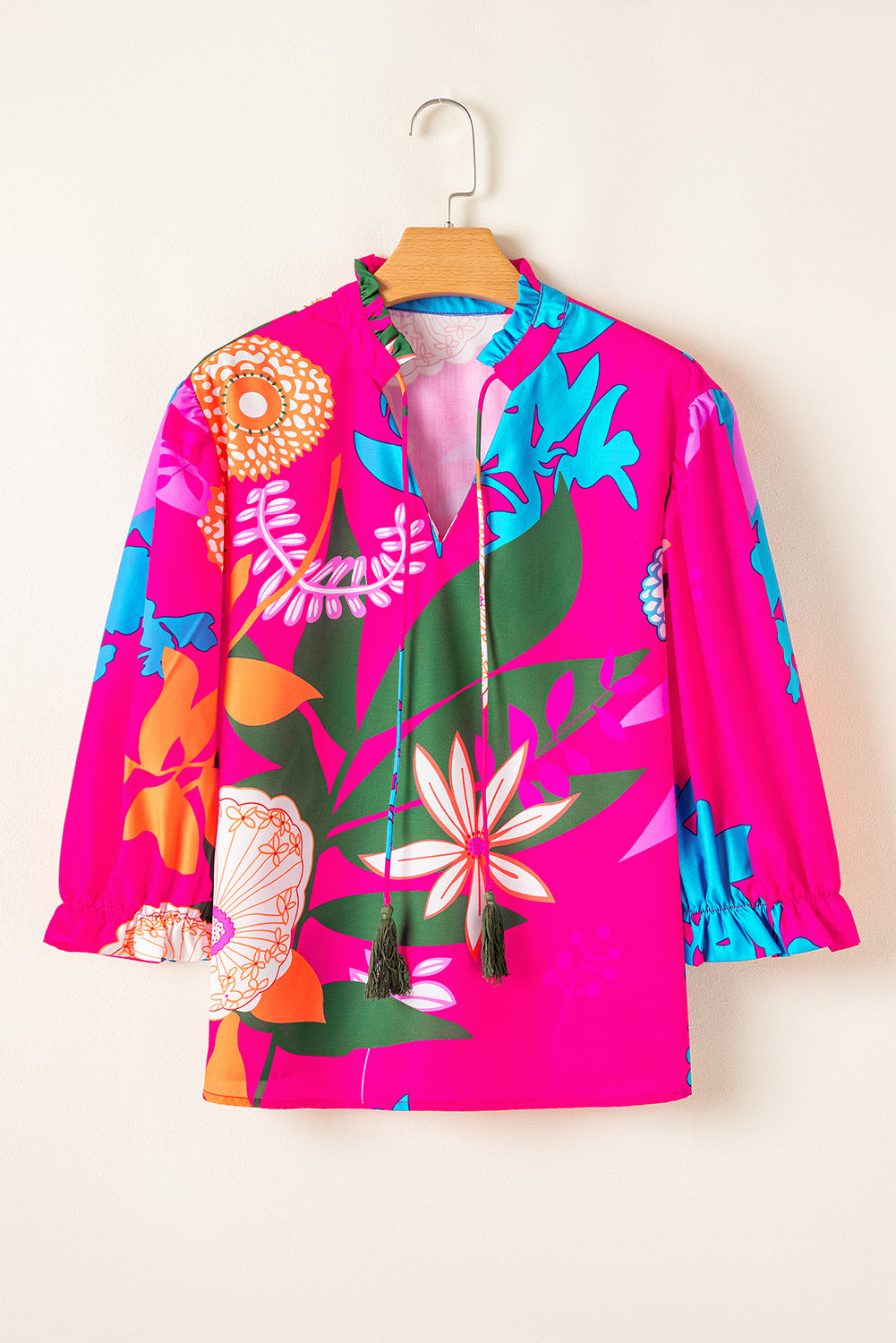 Chemisier à volants et manches bouffantes à imprimé fleurs de roses