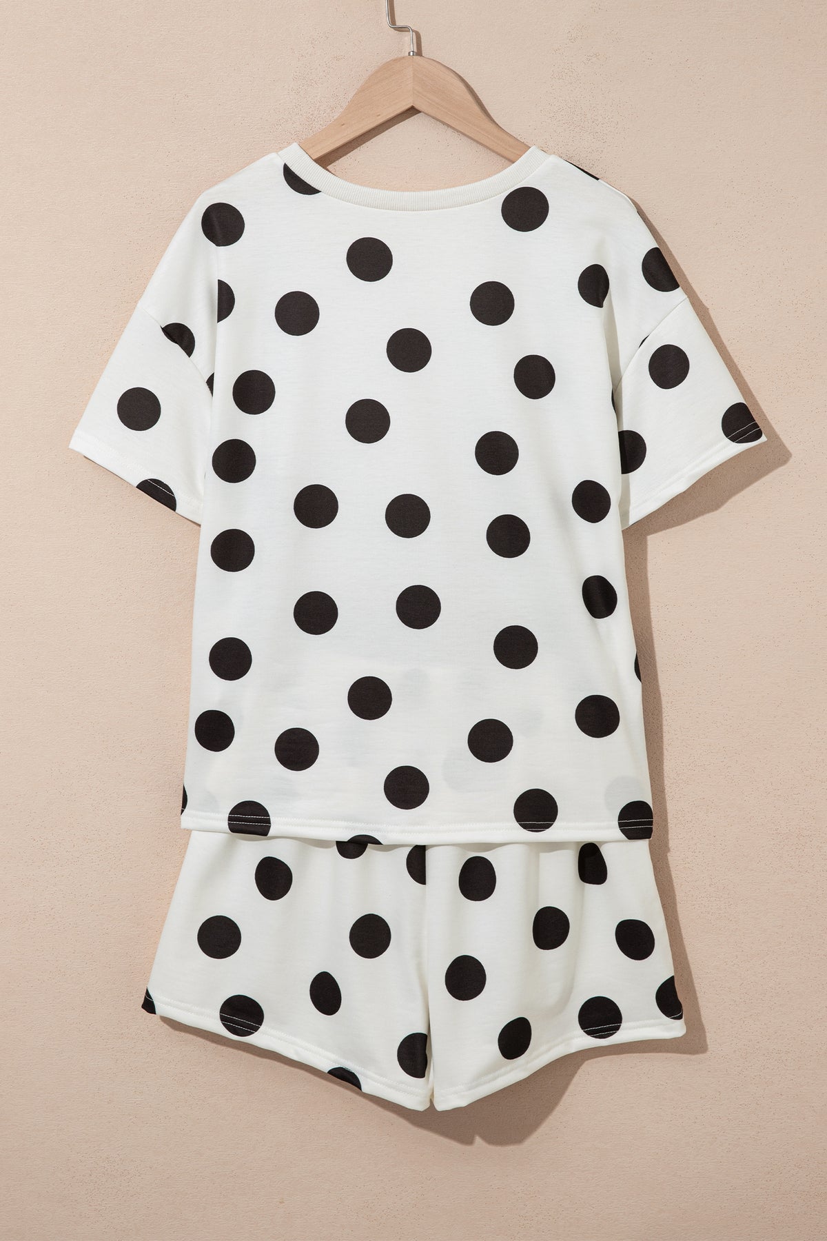 Black Polka Dot Print Loose Tee Drawstring Elastic Waist Short Set