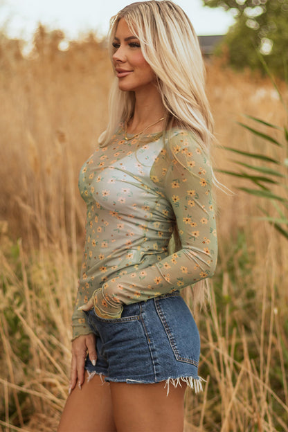 Pink Vintage Floral Print Southern Style Mesh Long Sleeve Top