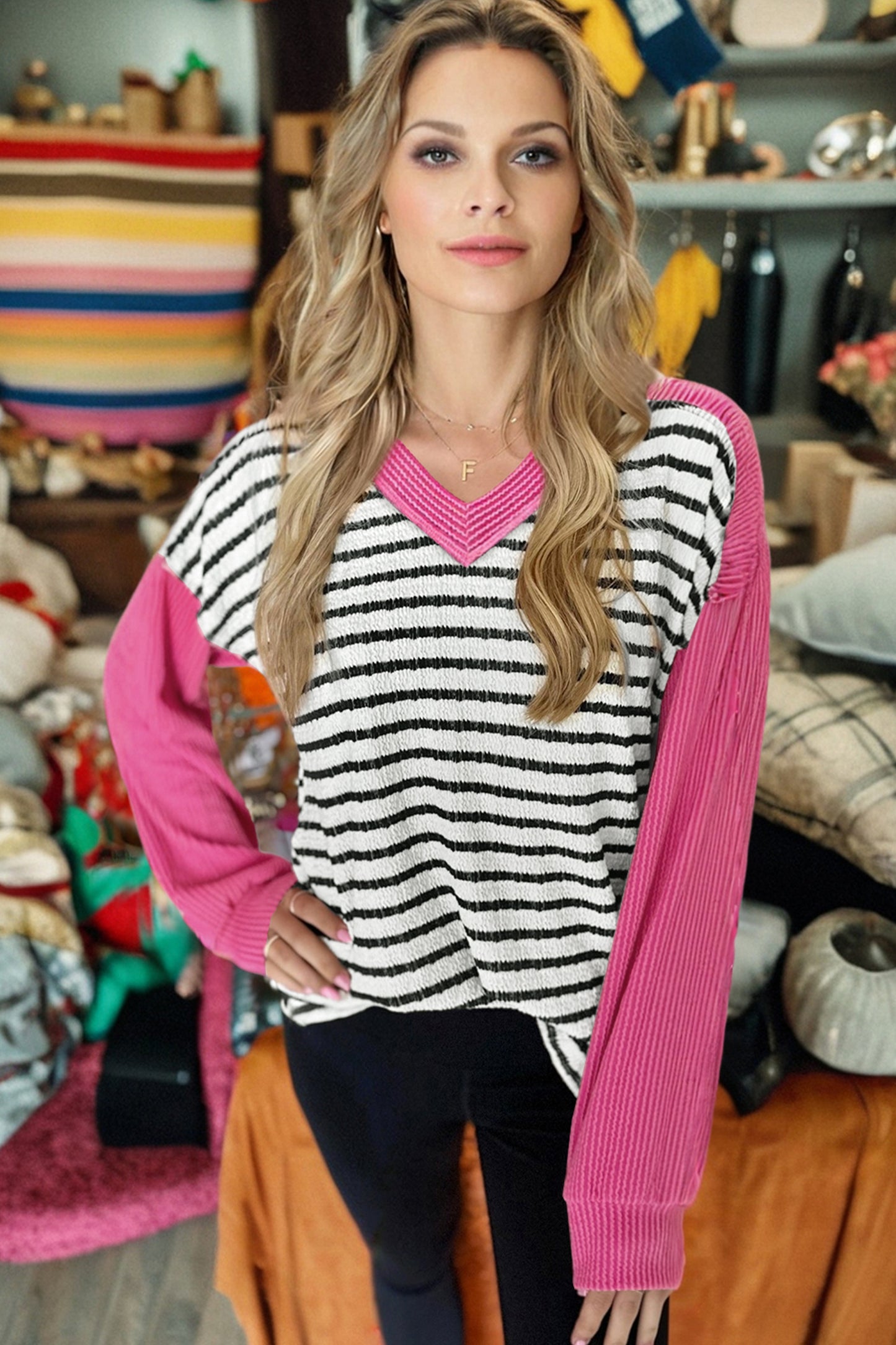 Black Stripe Textured Knit Twisted Rib Contrast Patchwork V Neck Long Sleeve Top