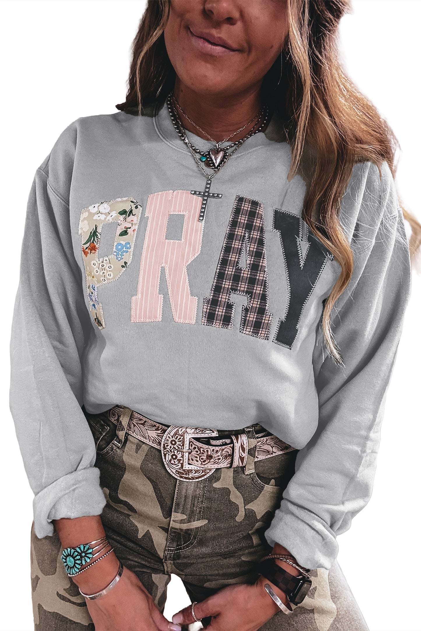 Gray Floral Buffalo Plaid Striped Embroidered Patch Western Pullover Sweatshirt