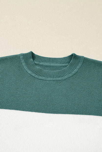 Green Color Block Plain Ribbed Knit Baggy Sweater