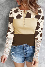 Cow Print Lace Cuff Long Sleeve Henley Top