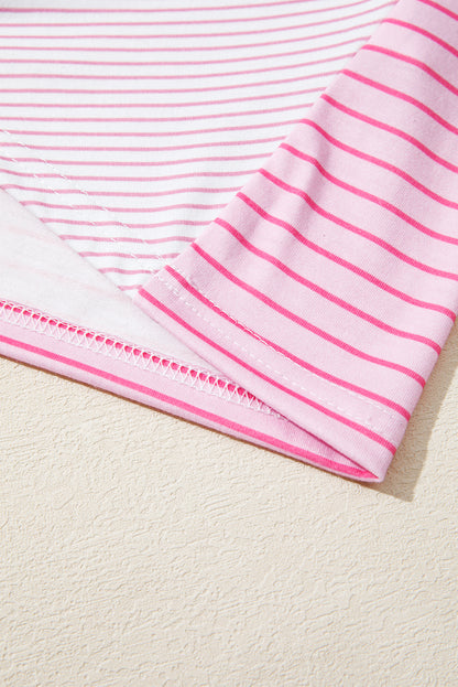 Sachet Pink Striped Colorblock Exposed Seam Casual Long Sleeve Top