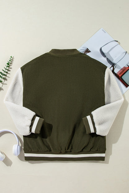 Blouson aviateur boutonné en velours côtelé vert brume avec patchwork