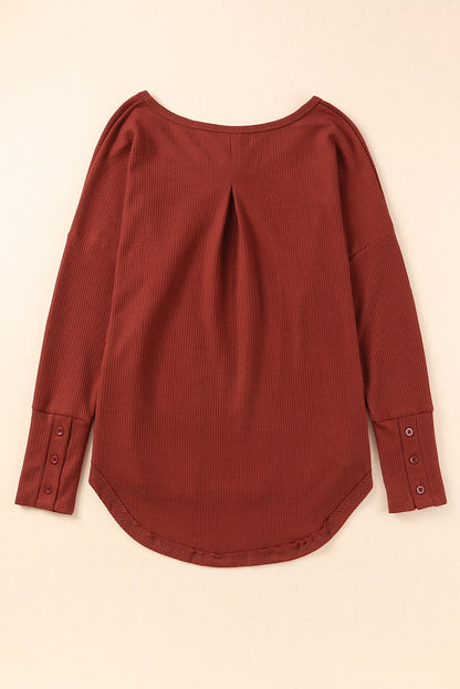 Waffle Knit Splicing Buttons Long Sleeve Top