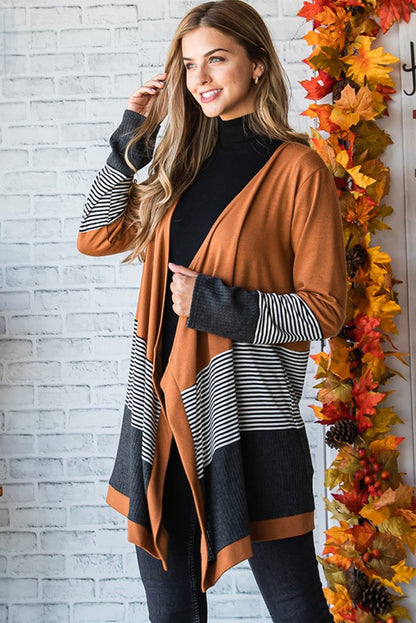Cardigan ouvert patchwork rayé colorblock orange