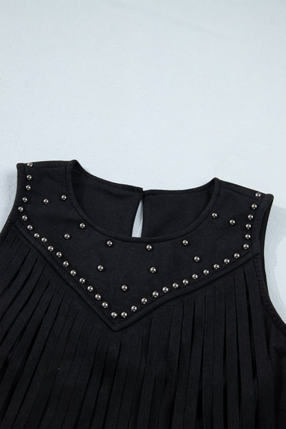 Black Western Fringe Rivet Paneling Bust Sleeveless Top