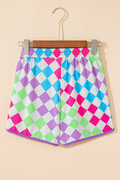 Multicolour Checkered Drawstring Elastic Waist Casual Shorts