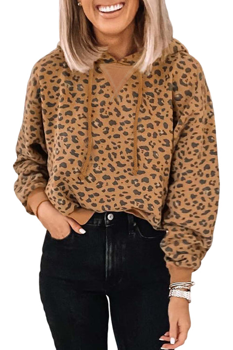 Leopard Long Sleeve Drawstring Cropped Hoodie