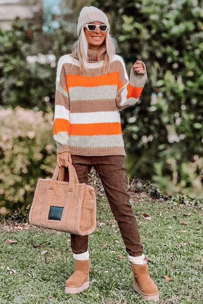 Pull à col roulé rayé multicolore à épaules tombantes 