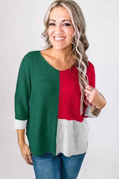Evergreen Color Block Knit V Neck Loose Sweater