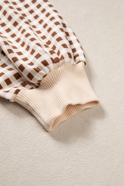 Brown Gingham Oversized Ribbed Trim Crew Neck Long Sleeve Top and Skort Set