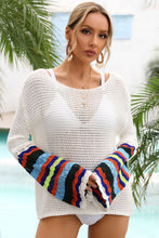 White Loose Knitted Contrast Bell Sleeve Swim Cover Up
