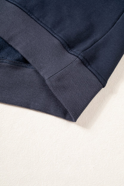 Navy Blue Plaid Sleeve Colorblock Loose Tunic Sweatshirt