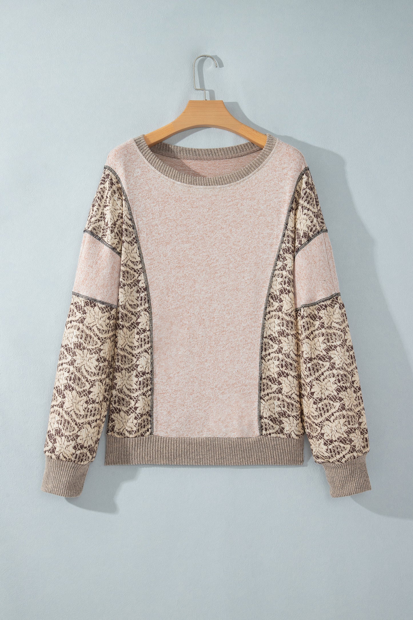 Khaki Floral Print Round Neck Long Sleeve Shift Top