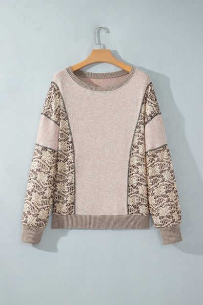 Khaki Floral Print Round Neck Long Sleeve Shift Top