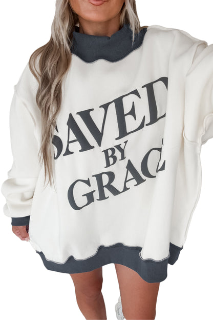 Beige Saved By Grace Print Color Block Mock Neck Oversized Sweatshirt
