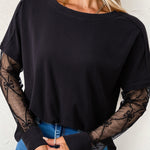 Black Solid Color Bow Textured Patchwork Long Sleeve Tee