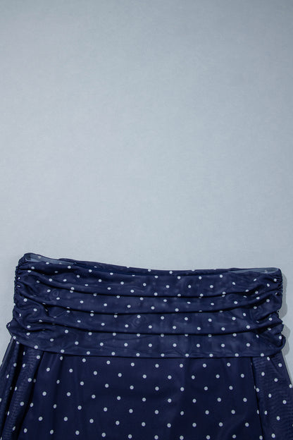 Blue Off Shoulder Polka Dot Mesh Long Sleeve Sheath Top