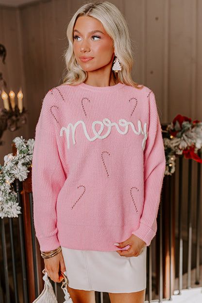 Pink Merry Candy Cane Puffy Knit Crew Neck Sweater