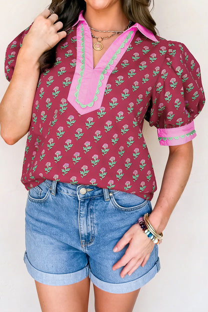 Red Contrast Collared V Neck Ricrac Trim Short Puff Sleeve Flower Blouse
