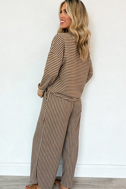 Brown Stripe Drop Shoulder Relaxed Pullover Casual Pants 2pcs Set