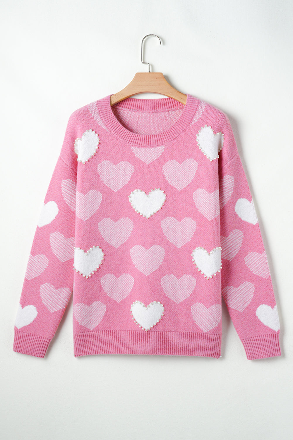 Pull ras du cou rose à imprimé cœur perlé pour la Saint-Valentin