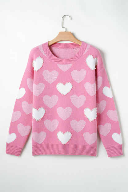 Pull ras du cou rose à imprimé cœur perlé pour la Saint-Valentin