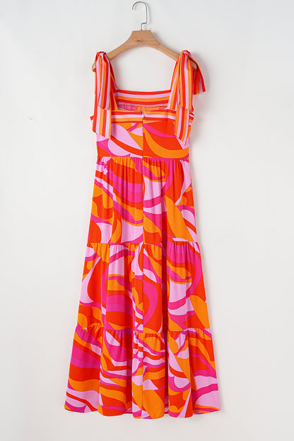 Robe longue rouge à imprimé abstrait, taille haute, épaules nouées