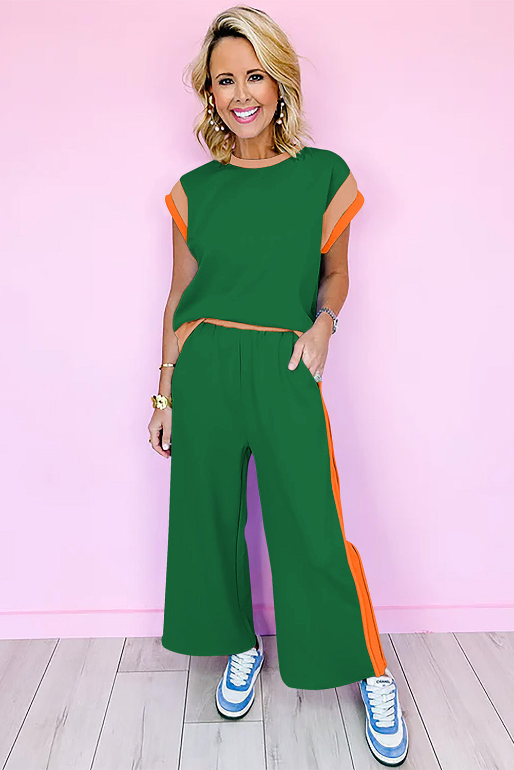 Dark Green Color Block Detail Casual Two-piece Set