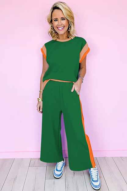 Dark Green Color Block Detail Casual Two-piece Set