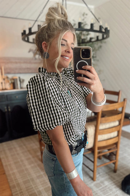 Black Plaid Short Puff Sleeve Frilled Neck Blouse