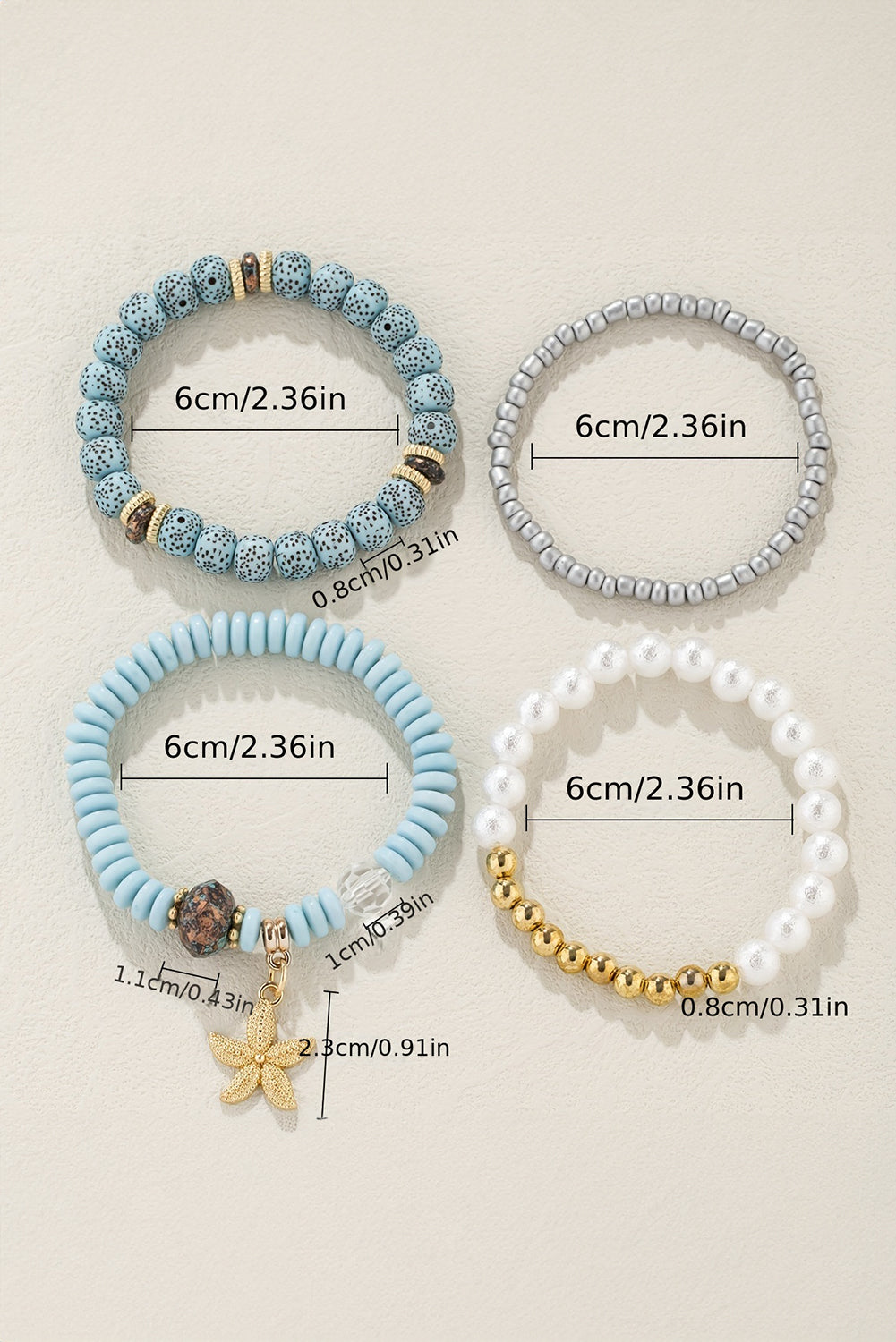 Ensemble de 4 bracelets de perles avec pendentif étoile de mer bleu clair
