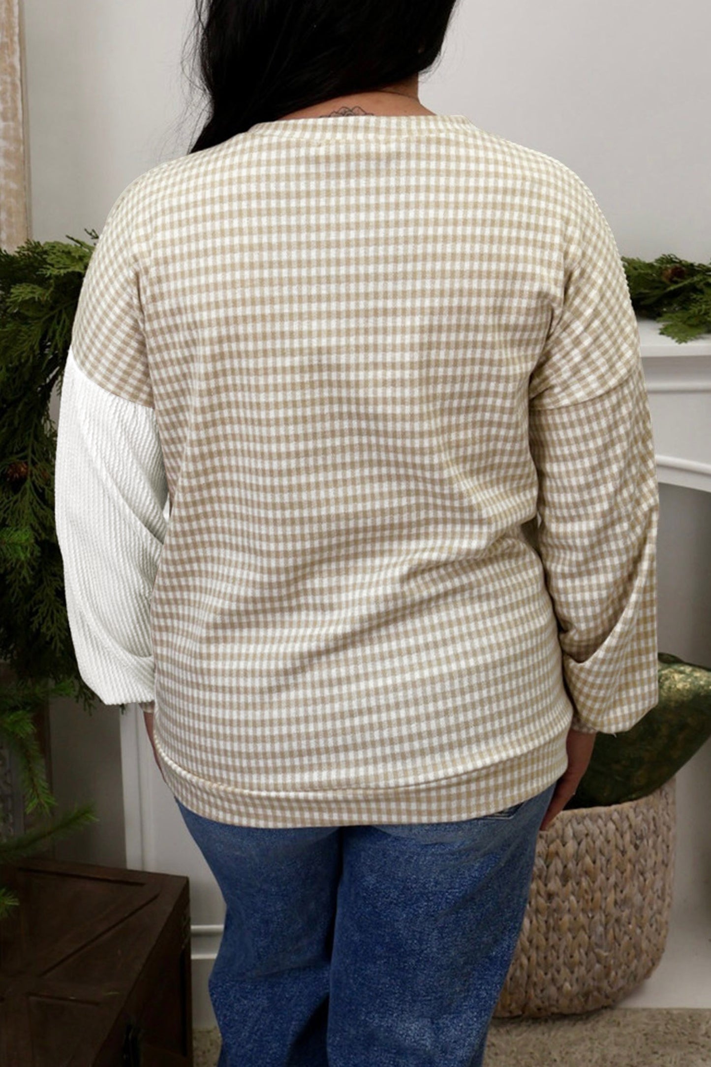 Khaki Patchwork Checkered Long Sleeve Round Neck Plus Size Blouse