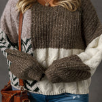 Brown Plus Size Color Block Patchwork Knotted Back Loose Fit Sweater