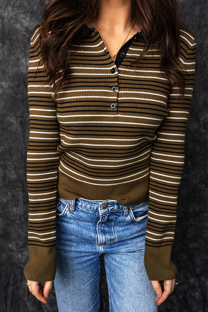 Green Stripe Striped Ribbed Knit Button Collar Sweater