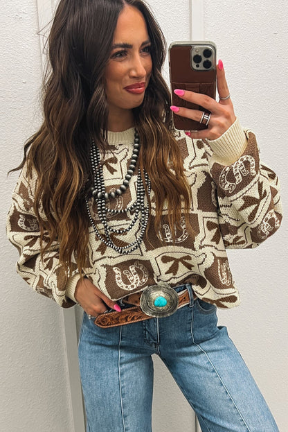 Brown Bows & Horseshoes Pattern Western Fashion Print Sweater