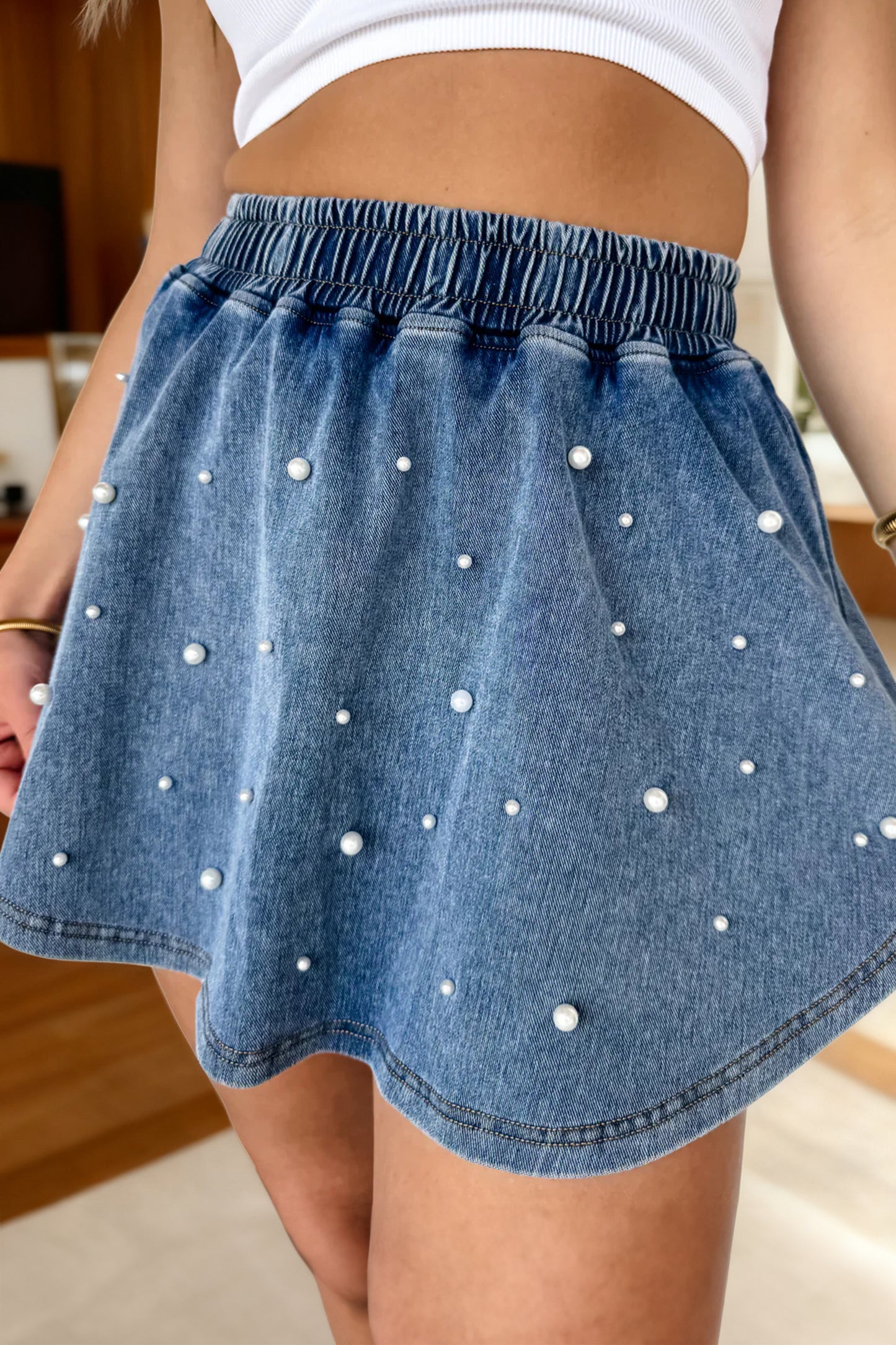 Ashleigh Blue Denim Pearl Embellished Elastic Waist Mini Skort