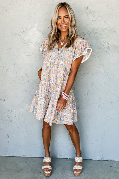 Robe kaki à imprimé croisé et col en V, manches flottantes