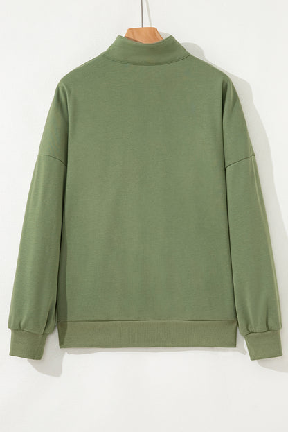 Vineyard Green Contrast Striped Patchwork Zip Collar Pullover Sweatshirt