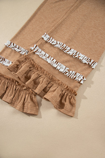 Khaki Stripe V Neck Ruffle Contrast Sleeve Top Drawstring Pants 2pcs Set