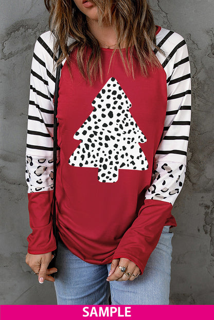 Black Striped Animal Print Colorblock Long Sleeve Top