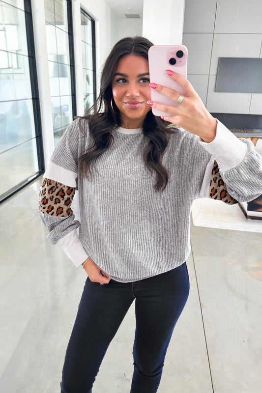 Gray Leopard Print Colorblock Patchwork Ribbed Knit Top