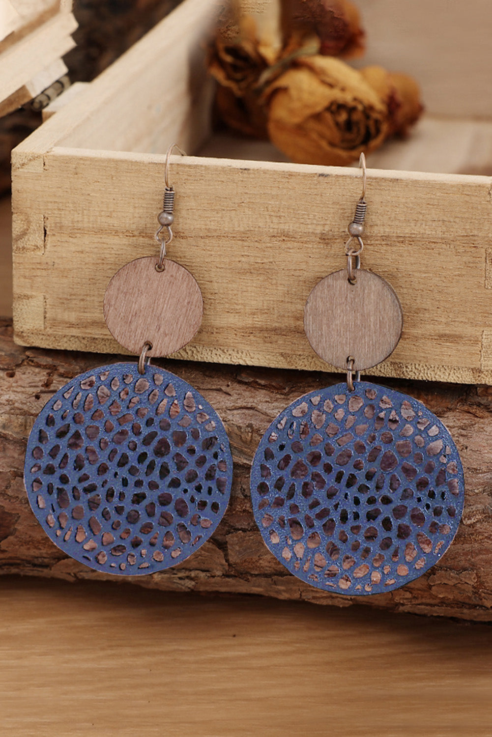 Hollow Out Wooden Round Drop Earrings