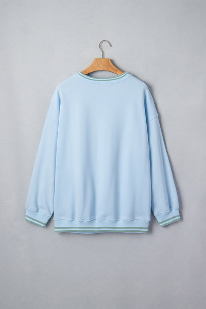 Beau Blue Embroidered Cowboy Letter Print Long Sleeve Round Neck Sweatshirt