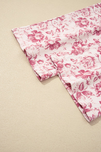 Pink Vintage Floral Print Denim Shift Pants