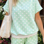 Green Polka Dot Print Color Block Trim Mock Neck Short Set