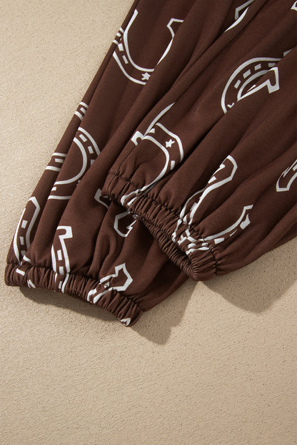 Brown Western Print Elastic Waist Pocket 2pcs Pant Set