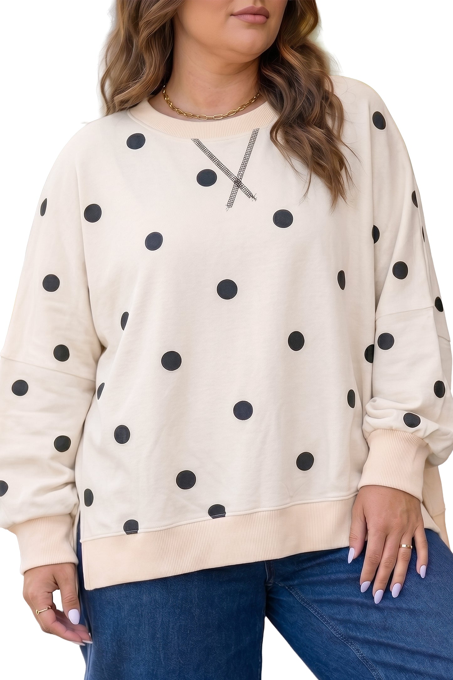Beige Round Neck Long Sleeve Polka Dot Plus Size Top